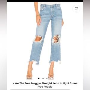 Free People jeans Maggie straight leg with big knee rips and raw hem, size 28